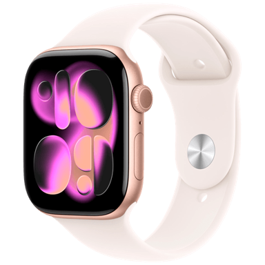 APPLE Watch Series 11, 46mm, zlatna, roza silikonska narukvica, M/L