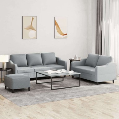 3-dijelni set sofa s jastucima i tabureom tkanine, svjetlosiva