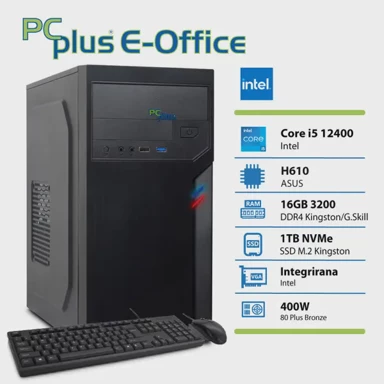 PCPLUS Stolno računalo e-office / Intel Core i5-12400, 16 GB RAM, 1 TB SSD, bez operativnog sustava, crna