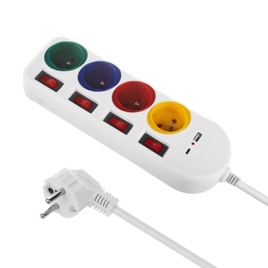 MACLEAN Produžni kabel, 4 utičnice, 2 x USB-A, 2 x USB-C, prekidači, 1,5 m, bijeli