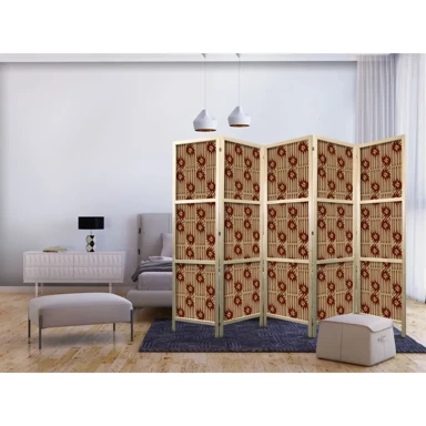Japanski paravan Grabežljive pruge, crveni apstraktni oblici nadahnuti tribal stilom, 225x172 cm