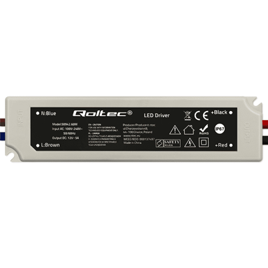 QOLTEC Impulsni LED napajač, IP67, 60 W, 12 V, 5 A, vodootporan, bijela