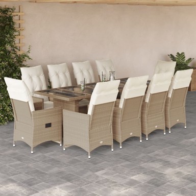 11-dijelni vrtni bistro set, od poliratana, s jastucima, bež