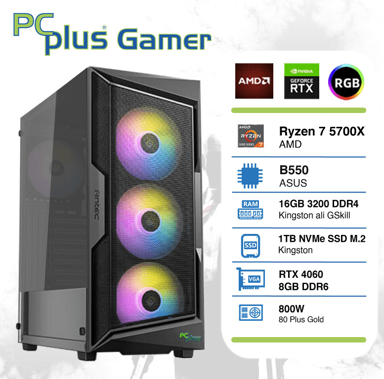 PCPLUS Gaming Stolno računalo R7 5700X / 16GB, 1TB SSD, NVIDIA GeForce RTX 4060, Free DOS