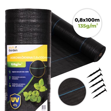 MULTIGARDEN agrotekstilna tkanina protiv korova, UV-otporna, 135 g/m², 0,8 × 100 m, s klinovima, crna