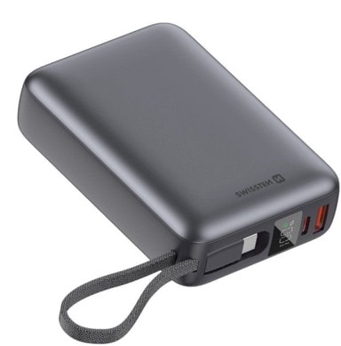 SWISSTEN Power bank, 20000 mAh, 45 W, integrirani USB-C kabel, Space Silver