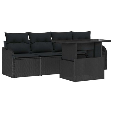 5-dijelni set zimskih sofa s jastučićima, poli ratan, crni