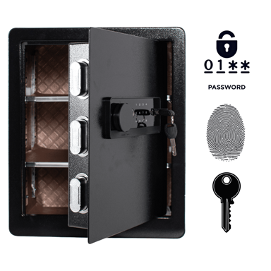 NIKCORP Oklopni kućni biometrijski sef, otisak prsta i šifra, alarmni sustav, polica, dimenzije 45 × 38 × 32 cm, čelik, crna