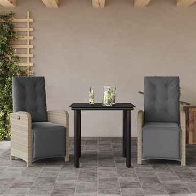 3-dijelni bistro set s jastucima od poliratana, svjetlosivi