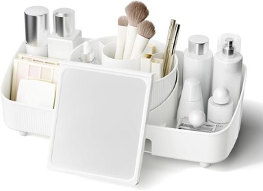 NIKCORP Organizator za šminku, rotirajući 360°, s ogledalom, kremasto bijela boja