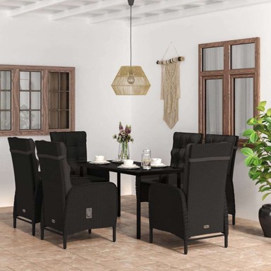 Vrtna garnitura, 7-dijelni vrtni blagovaonski set s jastucima, dužina stola 140 cm, crna