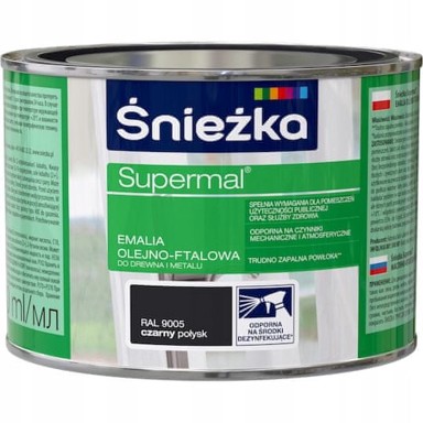 ŚNIEŻKA Supermal uljno-ftalni emajl za drvo i metal, crna, sjaj, 0,4 l