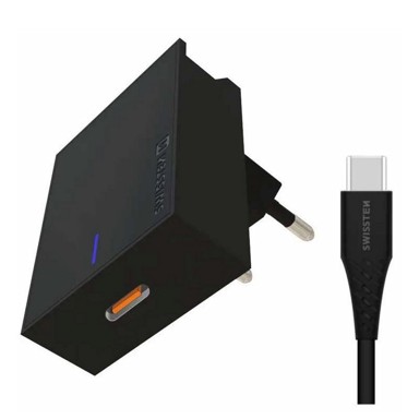 SWISSTEN Punjač AC220 SUPER FAST Z, 25W, kabel USB-C/USB-C, crni