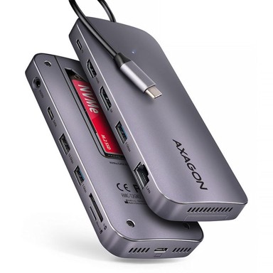 AXAGON USB hub HMC-12GM2 Multiport-Hub, USB-C 3.1, M.2-NVMe/SATA, DP + HDMI, Gbit-LAN, 3x USB-A, 1x USB-C, C HMC-12GM2