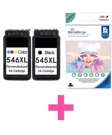 TISKAJPOTCENI Zamjenska tinta Canon PG-545XL + CL-546XL komplet + foto papir / Pixma IP2820, 2850, MG2440, 2450, 2455, 2550s, 2555, 2950, 3050, 3051, MX495, TR4550, TS205, TS305, TS3150, TS3350, XL