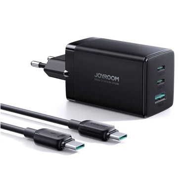 JOYROOM Zidni punjač TCG01, 2x Type C + USB, brzo punjenje, 65W, s Type C na Type C kabelom (100W, 120 cm), crni