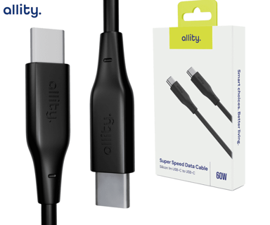 ALLITY Podatkovni kabel AUC-02 USB-C na USB-C, 60 W, 1 m, silikonski, crni