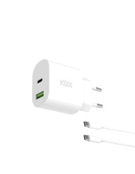 KSIX Mrežni punjač GaN ultrabrzi 30W USB-C + USB-A + USB-C na USB-C kabel 1 m