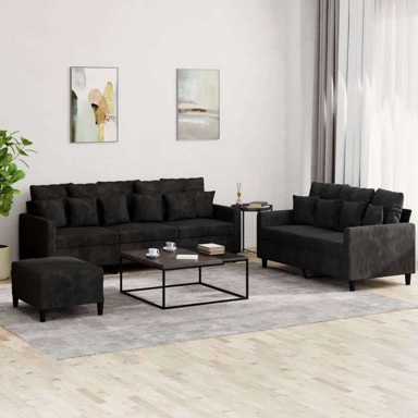 3-dijelni set sofa s jastucima i tabureom baršunasti, crna