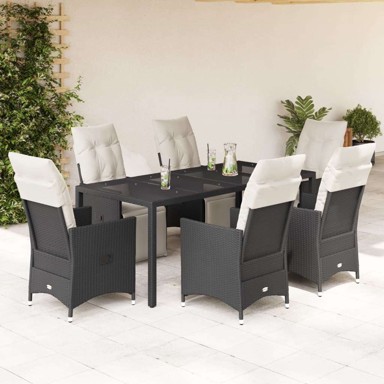 Vrtna garnitura, 7-dijelni vrtni blagovaonski set s jastucima, 190 x 80 x 75 cm, crna