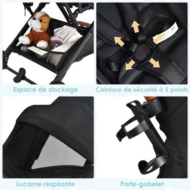 COSTWAY Dječja kolica, sklopiva, za putovanja, podesiv naslon, tenda, držač za čašu, crna