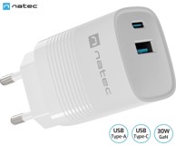 NATEC Punjač Ribera GaN univerzalni, 30 W, USB-A, USB-C, bijela