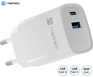 NATEC Punjač Ribera GaN univerzalni, 30 W, USB-A, USB-C, bijela