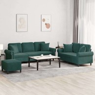 3-dijelni set sofa s jastucima i tabureom od baršuna, tamnozelena