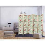 Japanski paravan Fish and Japanese Pattern - koi šarani u narančasto-krem tonovima na zeleno-menta pozadini s orijentalnim uzorkom