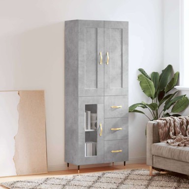 Visoka komoda siva betona 69 5x34x180 cm od konstruiranog drva, 1 staklena vrata 3 ladice
