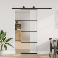 Klizna vrata s priborom crna 76 x 205 cm kaljeno staklo