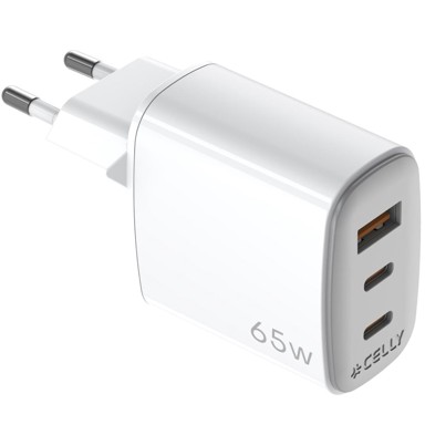 CELLY Kućni punjač GaN 65W, 2x USB-C PD + USB-A, bijela