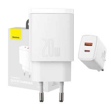 BASEUS Punjač Compact Quick, USB, USB-C, 20W 