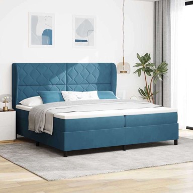 Box spring krevet 200 x 200 cm poliester, dizajn dijamantskih blokova, tamno plava