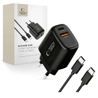 TECH-PROTECT Punjač USB / USB-C 45W + kabel USB-C, crni