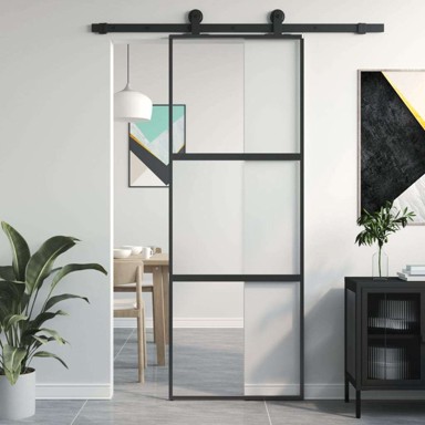 Klizna vrata crna, kaljeno staklo i aluminij, 76 × 205 cm, prozirno i mat, 2 vodoravne šipke