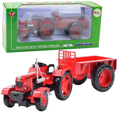 Metalni poljoprivredni traktor s prikolicom, 1:18, crveni