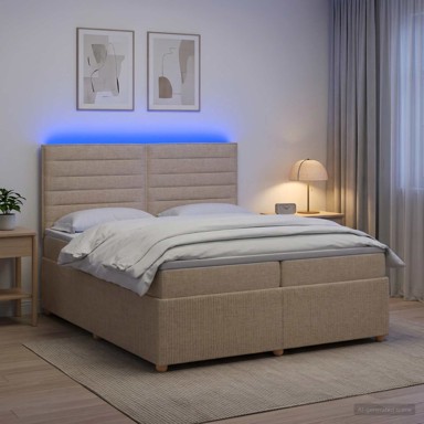 LED okvir za krevet s madracem 200 x 200 cm, tkanina, krem
