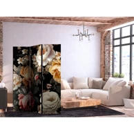 Paravan Cvjećarstvo u vintage stilu, Mnoštvo šarenog cvijeća na crnoj pozadini, 135 x 172 cm