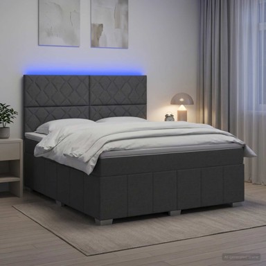 LED okvir za krevet s madracem 160 x 200 cm, tkanina, tamnosivi