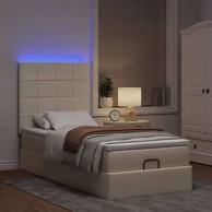 Otoman krevet s madracem i LED 90 x 200 cm tkanina, blok s kvadratima, krem