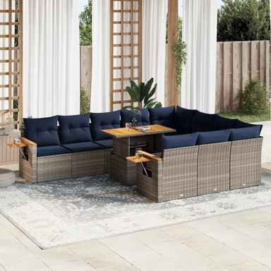 11-dijelni set vrtnih sofa, poliratan i bagrem, s jastucima, sivi