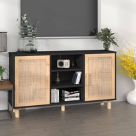 Komoda crna 105 x 30 x 60 cm masivna borovina i prirodni ratan