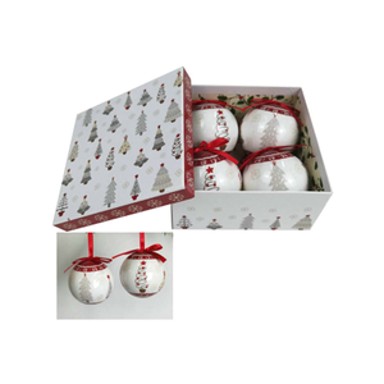 Božićne kuglice, set 6 kom, 7,5 cm, snježno bijela s crvenim detaljima