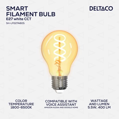 DELTACO Spiralna LED žarulja filament, E27, WiFi 2.4 GHz, 5,5 W, 470 lm, 1800K–6500K, 220–240 V 