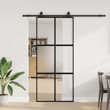 Klizna vrata s priborom crna 90 x 205 cm kaljeno staklo mat i prozirno