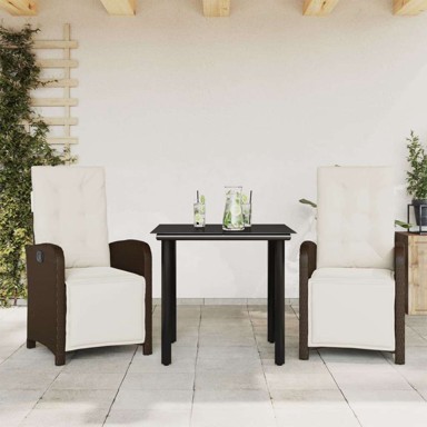 3-dijelni bistro set s jastucima smeđi od poliratana, dužina stola 80 cm okrugla noga, smeđa