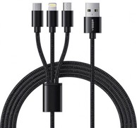 VEGER Pleteni kabel V303, 3u1, USB-A na USB-C/Lightning/MicroUSB, 1.2 m, crna