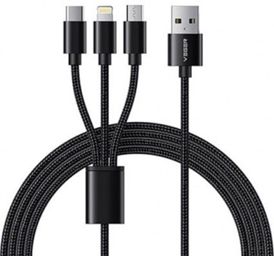 VEGER Pleteni kabel V303, 3u1, USB-A na USB-C/Lightning/MicroUSB, 1.2 m, crna