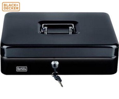 BLACK+DECKER Blagajna za novac s bravom, 4 ladice, ladica za kovanice, 2 ključa, čelična, 30 × 24 × 9 cm, crna